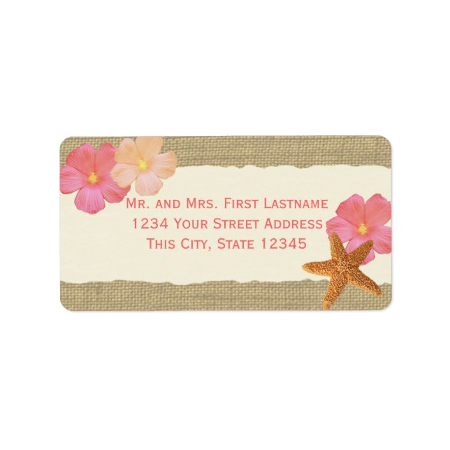 Etiqueta Starfish de playa tropical e Hibiscus (Frente)