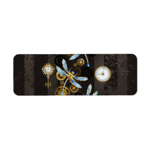 Etiqueta Steampunk Dragonflies on brown striped background
