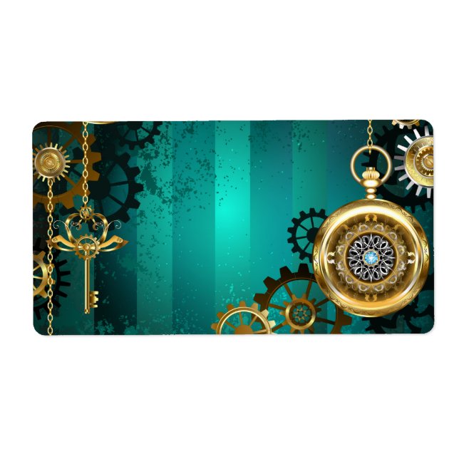 Etiqueta Steampunk Jewelry Watch sobre un fondo verde (Frente)