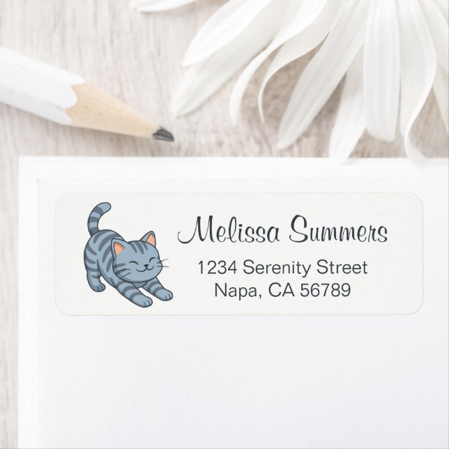 Etiqueta Stretching Grey Tabby Cat (In situ)