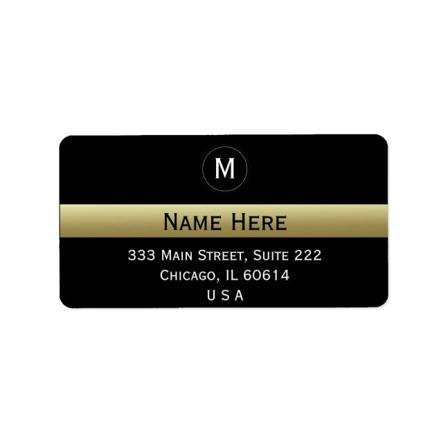 Etiqueta Stylish Black & Gold Ribbon Name, Initial Monogram (Frente)