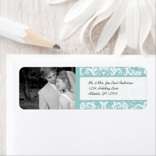 Etiqueta Su Boda fotográfico Vintage Damask Aqua Blue