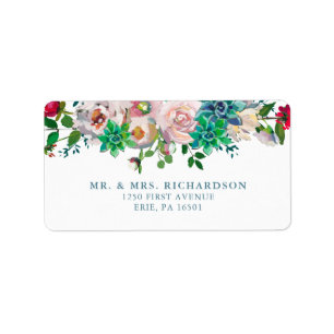 Etiqueta Suculentos y flores de acuarela verde   BODA