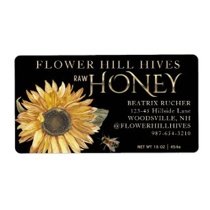 Etiqueta Sunflower de miel negra con oro de abeja en negro