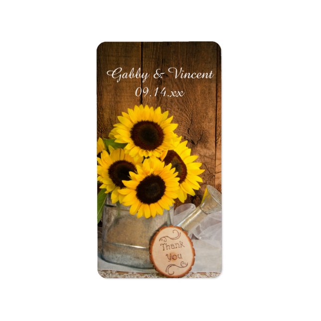 Etiqueta Sunflowers Garden Waters Can Boda Gracias (Frente)
