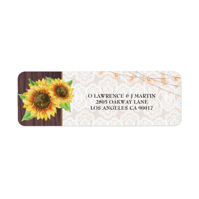 Etiqueta Sunflowers String Lights Lace Wood Dirección Boda (Frente)