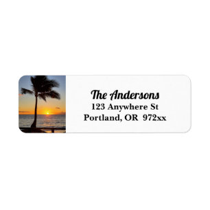 Etiqueta Sunset hawaiano y palmera