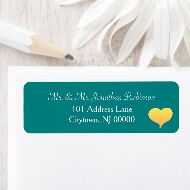 Etiqueta Sunset Heart Teal Green White Wedding (In situ)