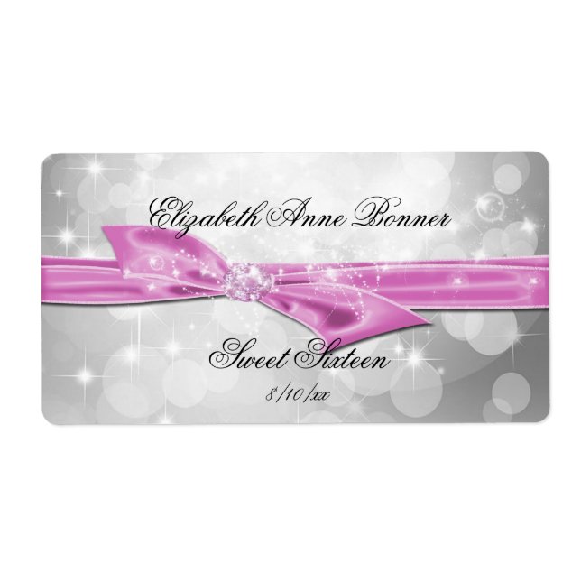 Etiqueta Sweet Sixteen, Plata, Satin Rosa, Personalizado (Frente)