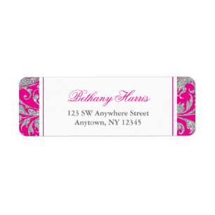 Etiqueta Swirl Damask Purpurina Plata Rosa Caliente