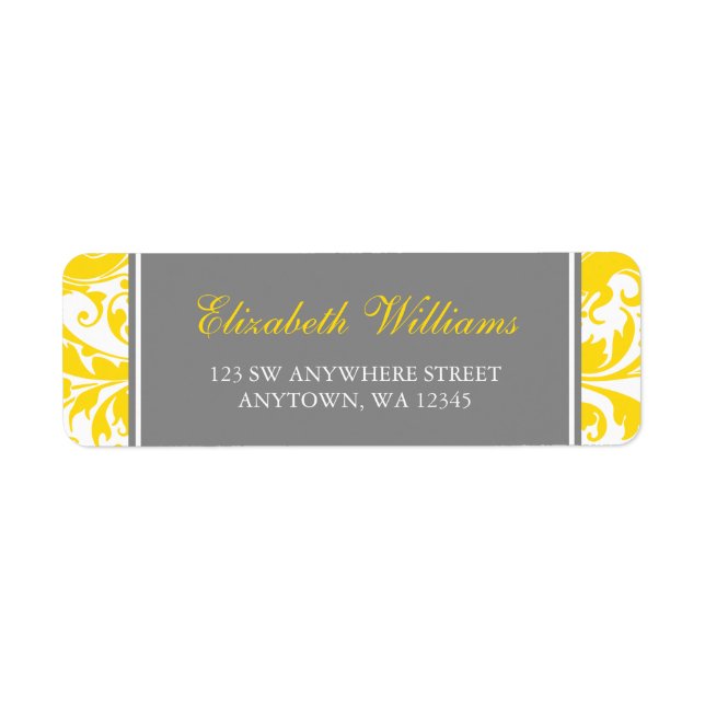 Etiqueta Swirls Damask amarillo y gris (Frente)