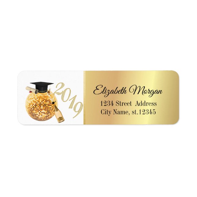 Etiqueta Tapa de graduación dorada moderna, bola de discote (Frente)