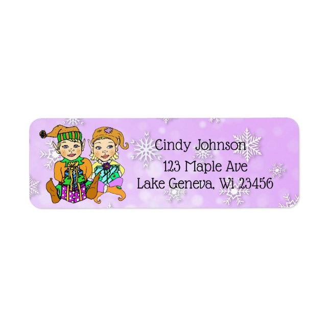 Etiqueta Tarjeta de Navidades Cute Elves Purple Snowflakes (Frente)