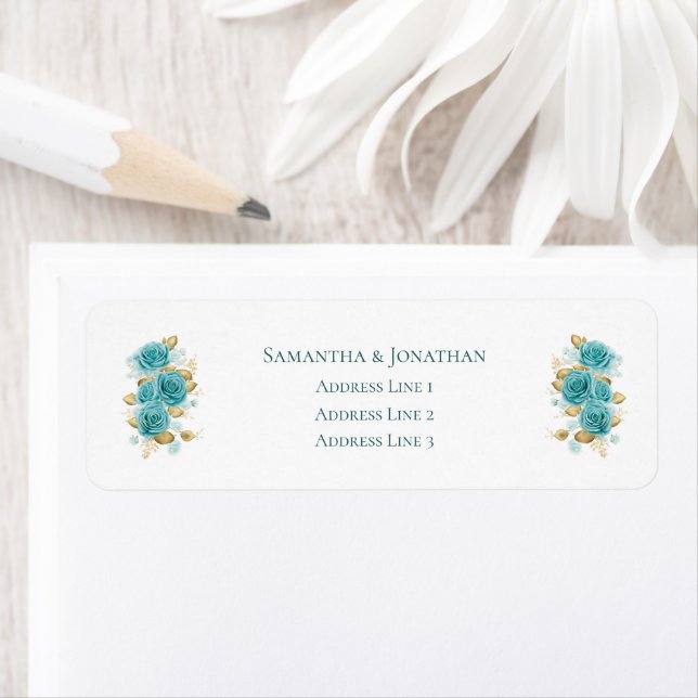 Etiqueta Teal and Turquoise Rose Elegant Wedding Label (In situ)