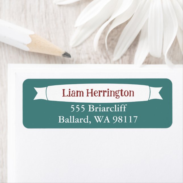 Etiqueta Teal Green & Burgundy Address Label with Banner (In situ)