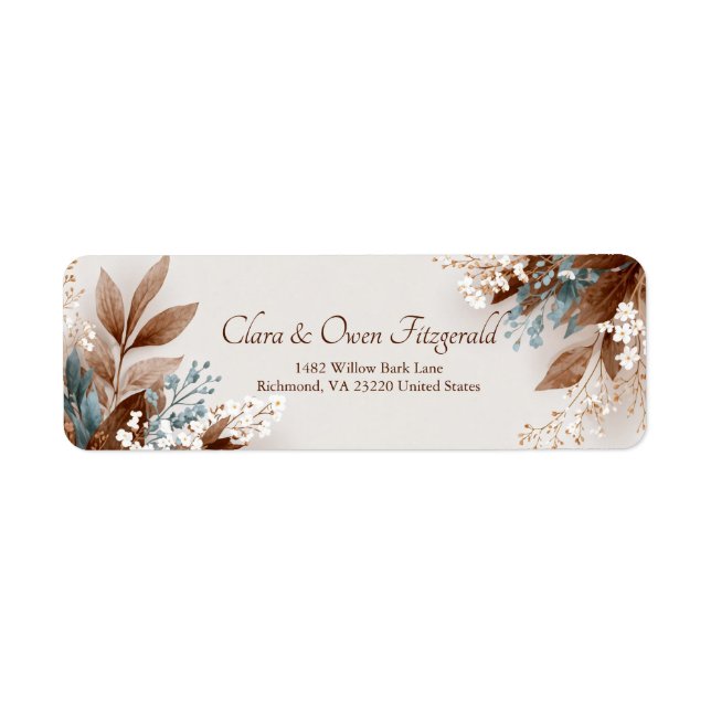 Etiqueta Teal Tan Leaf White Blossom Botanical (Frente)