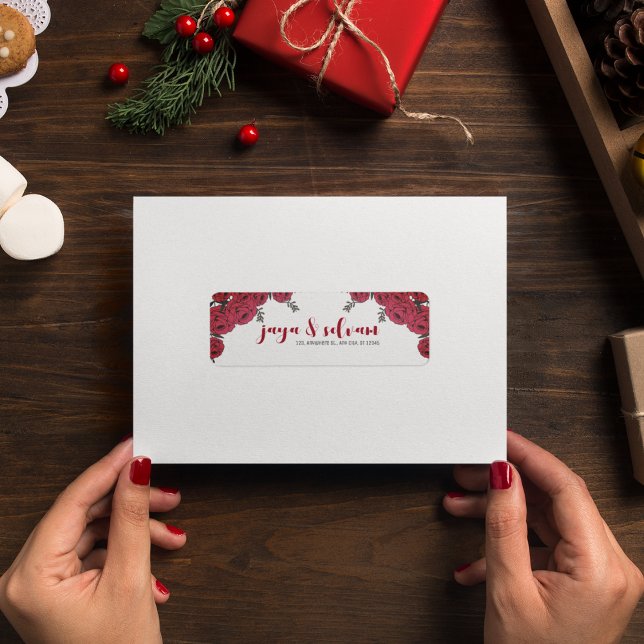 Etiqueta Tema del Boda floral de rosa roja (wedding floral bride and groom name label)