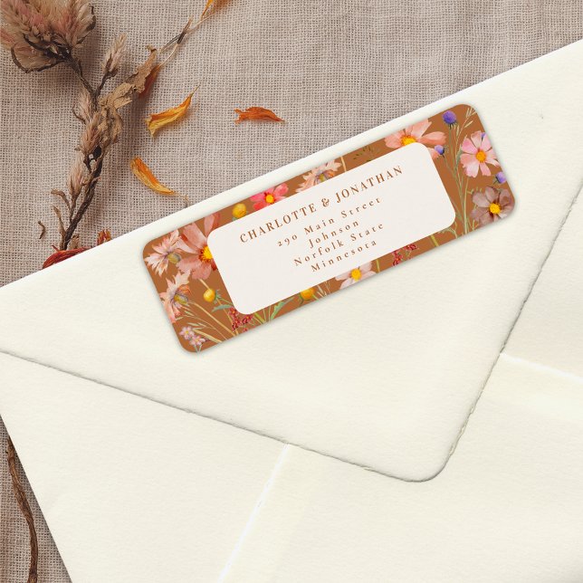 Etiqueta Terracotta Boho Fall Boda Floral (Terracotta boho rustic fall floral wedding return address label elegant modern wildflower watercolor)