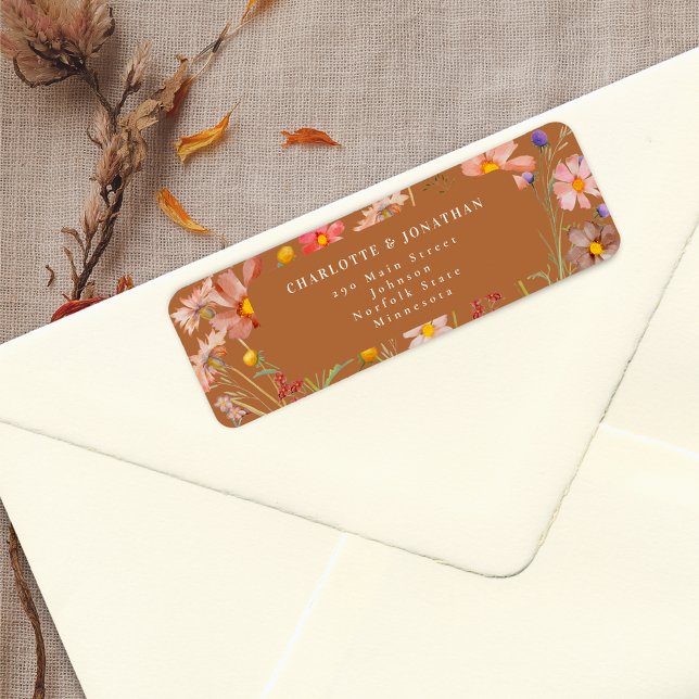 Etiqueta Terracotta Boho Fall Boda Floral (Terracotta burnt orange Wildflower rustic fall Wedding return address label watercolor florals)