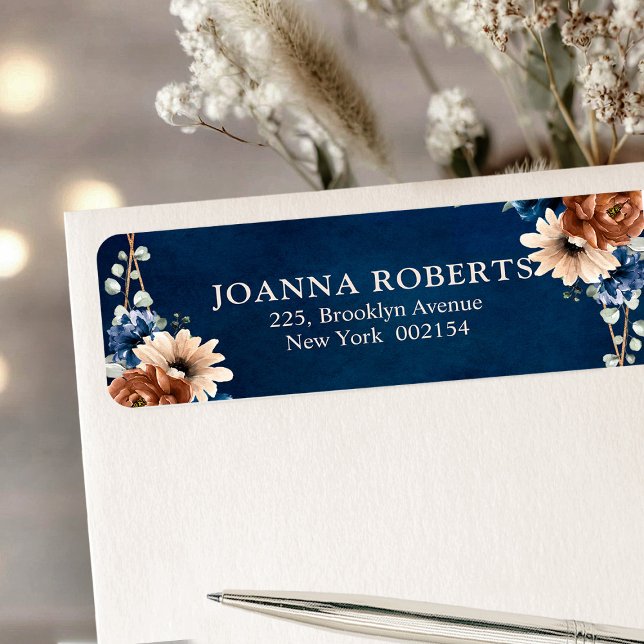 Etiqueta Terracotta Navy Blue Greenery Geométrica Boda La (Terracotta Navy Blue Greenery Geometric Wedding return address label)