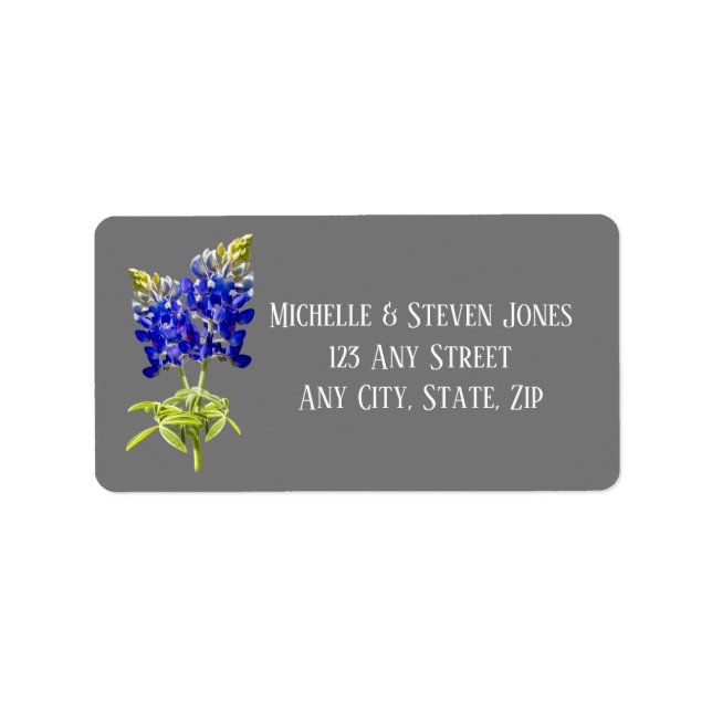 Etiqueta Texas Bluebonnets sobre gris oscuro, boda de prima (Frente)