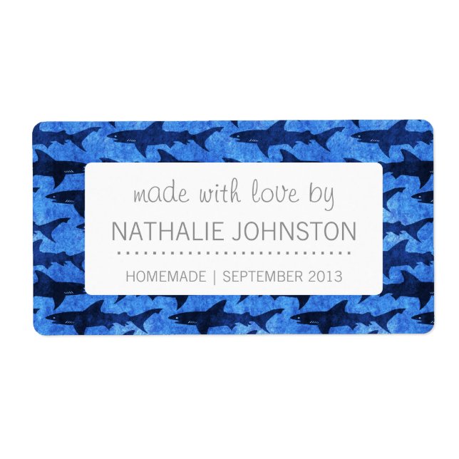 Etiqueta Tiburones en el Mar Azul profundo (Frente)