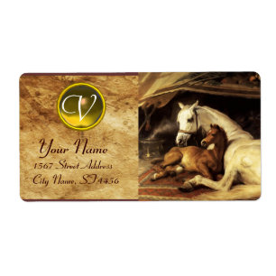 Etiqueta TIENDA ÁRABE CON CABALLOS MONOGRAMA amarillo marró