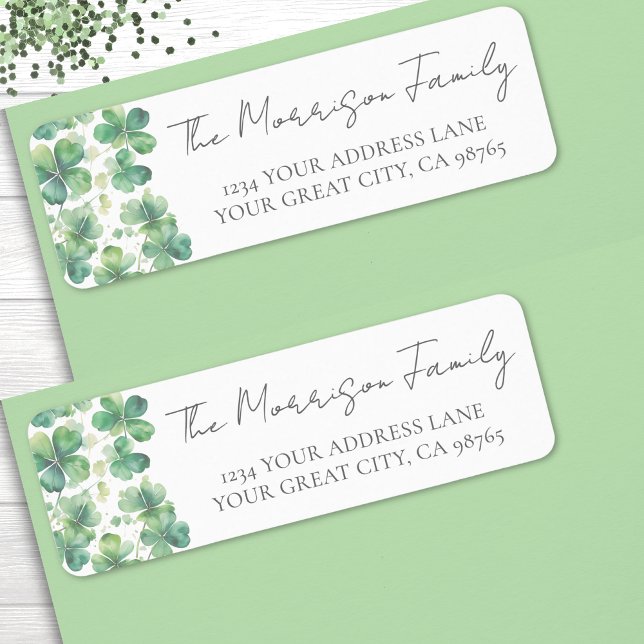 Etiqueta Trébol de Cuatro Hojas Verde Dirección de Devoluci (Green Clover Shamrock Return Address label)