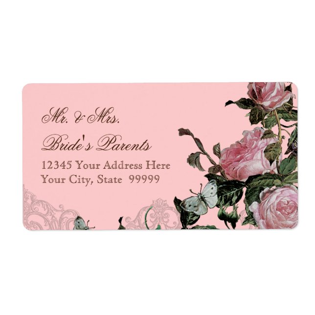 Etiqueta Trellis Rosa Vintage Roses rosados mariposa Swirls (Frente)