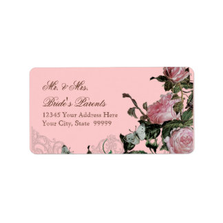 Etiqueta Trellis Rosa Vintage Roses rosados mariposa Swirls