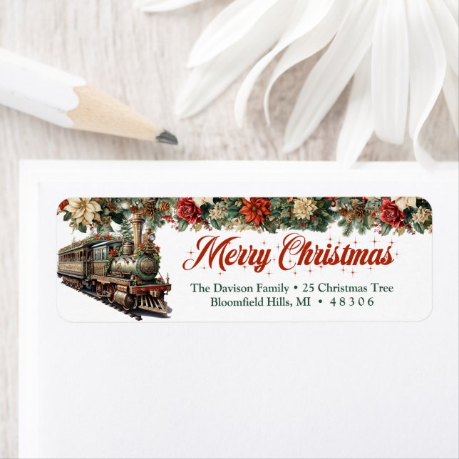 Etiqueta Tren navideño clásico rojo y verde (In situ)