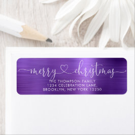 Etiqueta Trendy Merry Christmas Heart Script Metal Purple