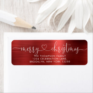 Etiqueta Trendy Merry Christmas Heart Script Metallic Red
