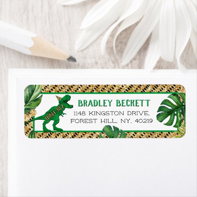 Etiqueta Tres Rex Dinosaurio Tercer Cumpleaños (In situ)