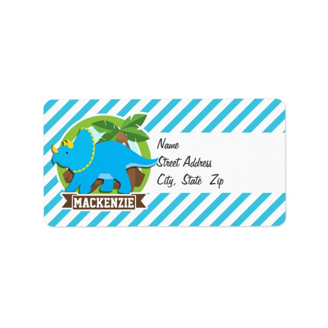 Etiqueta Triceratops Dinosaur; Sky Blue & White Strips (Frente)