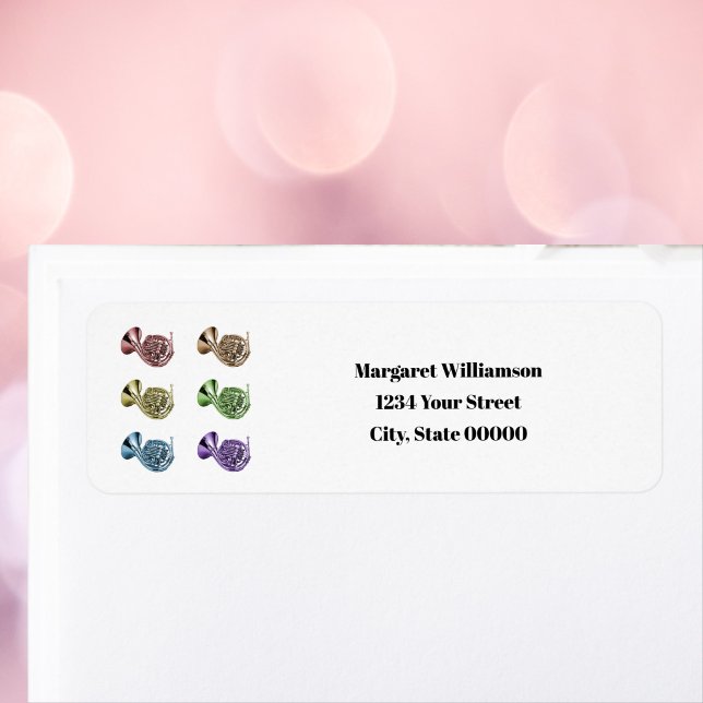 Etiqueta Trompa Francesa Arcoíris  Personalizar Dirección d (A return address label with rainbow french horns & text you can personalize!)