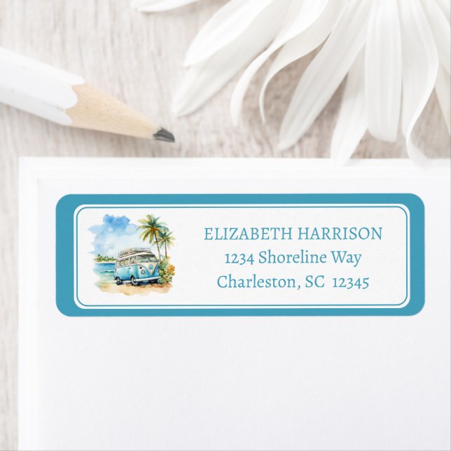 Etiqueta Tropical Island Retro Blue Bus  (In situ)