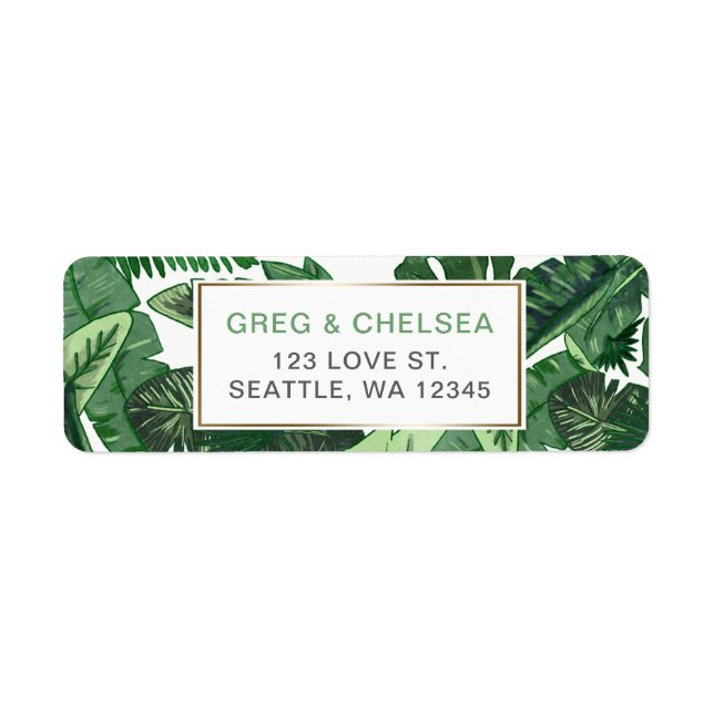 Etiqueta tropical leaves gold  greenery botanical wedding (Frente)