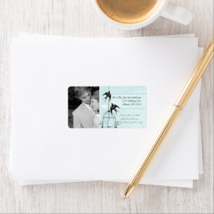 Etiqueta Tu foto Bodas Jaula de Pájaro Vintage Aqua Damask