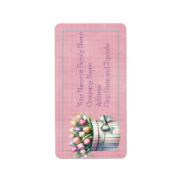 Etiqueta Tulipanes de primavera en caja rayada y reverso