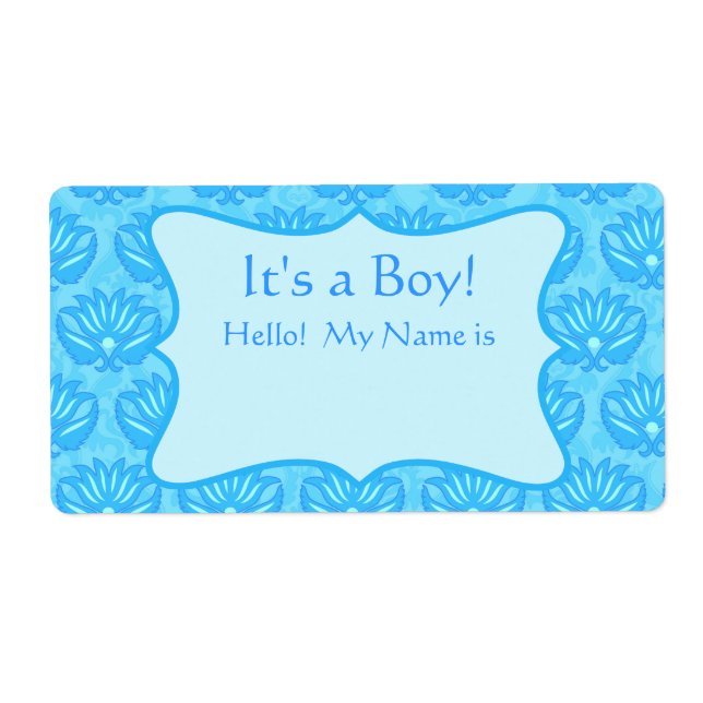 Etiqueta Turquoise Damask Boy Baby Shower Custom Name Etiqu (Frente)
