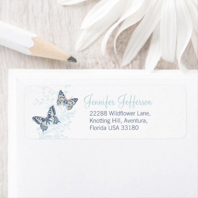 Etiqueta Two butterflies inked blue wedding (In situ)