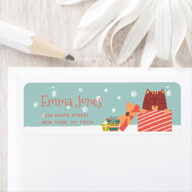 Etiqueta Un gato lindo con Navidades de Navidad presentes e (In situ)