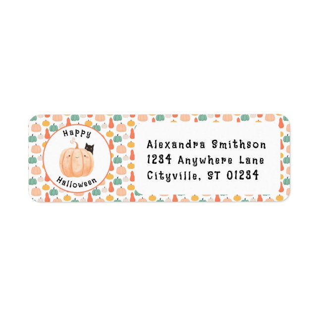 Etiqueta Un gato negro agudo asomando una calabaza Hallowee (Frente)