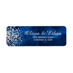 Etiqueta Universo Azul con confetti plateado