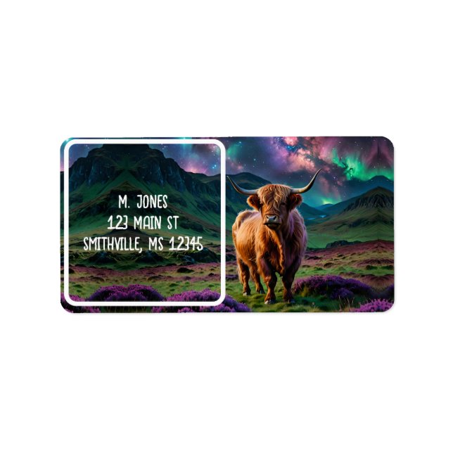 Etiqueta Vaca Highland bajo las estrellas (Frente)