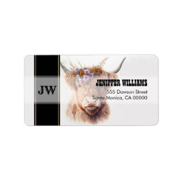 Etiqueta Vaca Highland con acuarela floral Crown Illustra