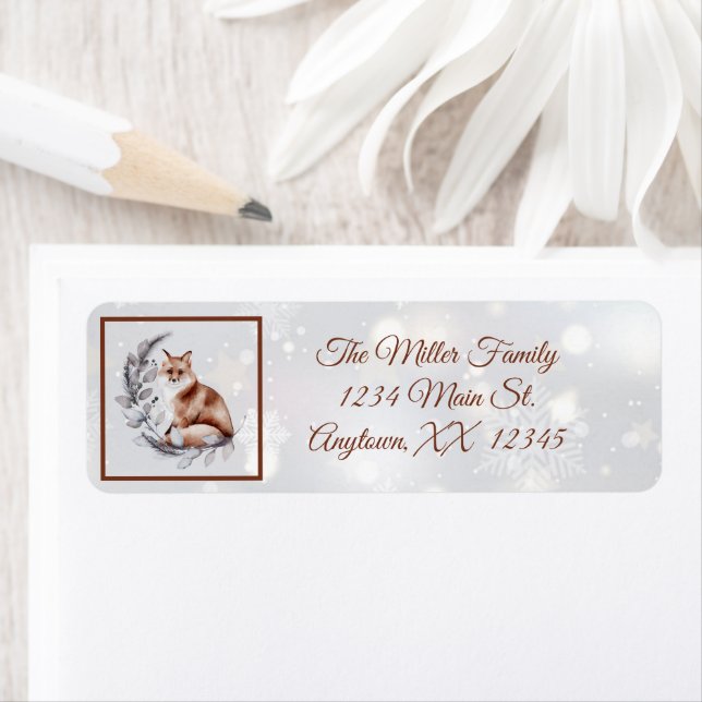 Etiqueta Vacaciones de zorro acuarela y nieve (In situ)
