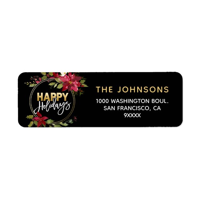 Etiqueta Vacaciones felices de Poinsettia Holly Wreath Red  (Frente)