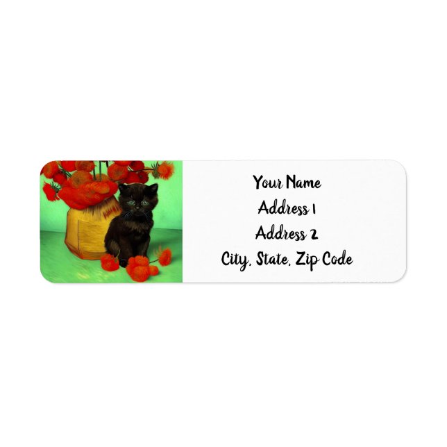 Etiqueta Van Gogh Black Kitten Red Flowers (Frente)